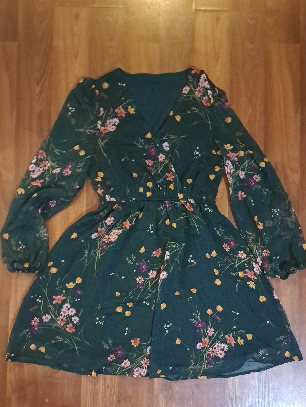 Forest Green Floral V-Neck Midi Dress. Fairycore. Whimsical.